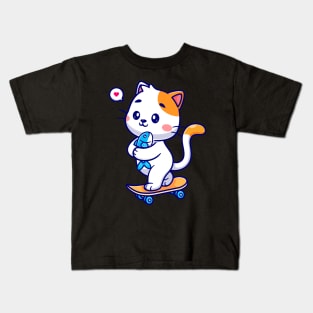 Cute Cat Holding Fish On Skateboard Cartoon Kids T-Shirt